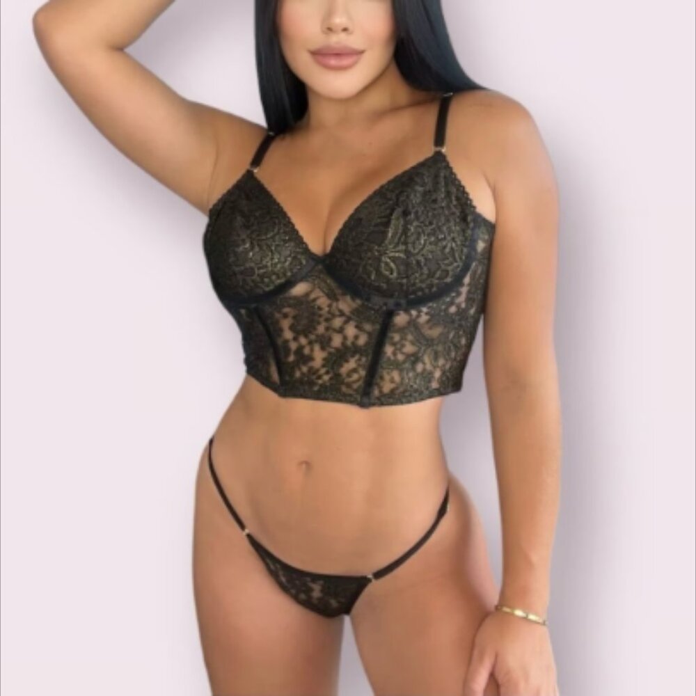 After Dark Black Gold Shimmer Colombian Floral Lace Corset & Thong Set